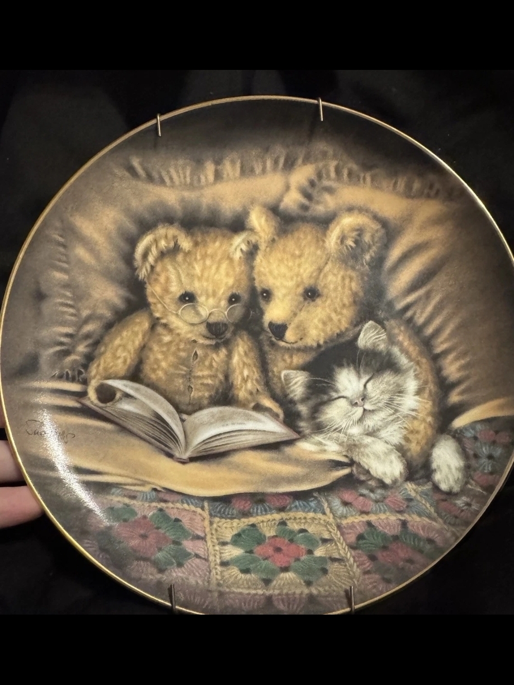 Franklin Teddy Bears and Kitten Decorative Plate - Cream, Brown, Black